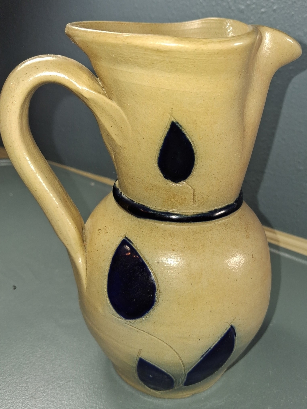 Cream Ceramic Pitcher with Blue Band - Decorative Home Accent